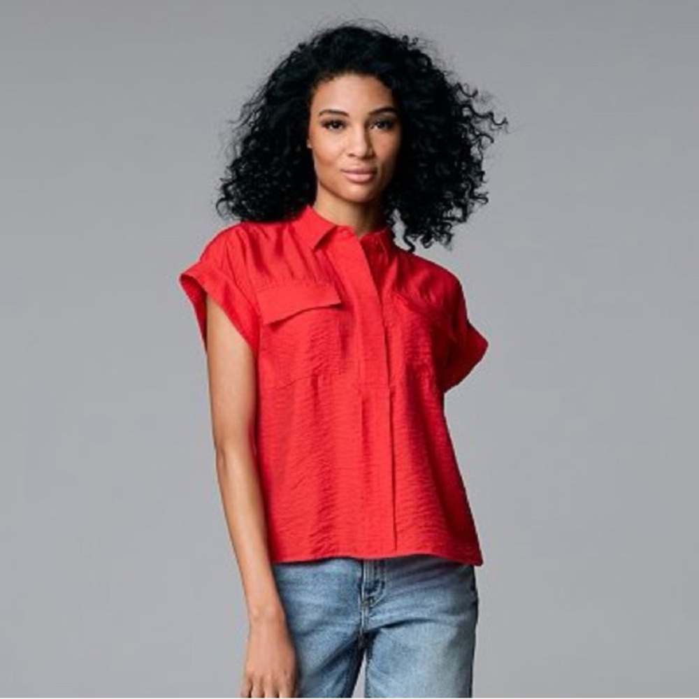Simply Vera Wang Red Short Sleeve Button Down Shirt, Women’s Size XS extra small